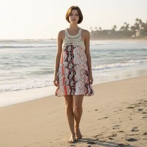 Aqua Dress womens Small Crochet Flare Pink Purple animal print pocket beach boho